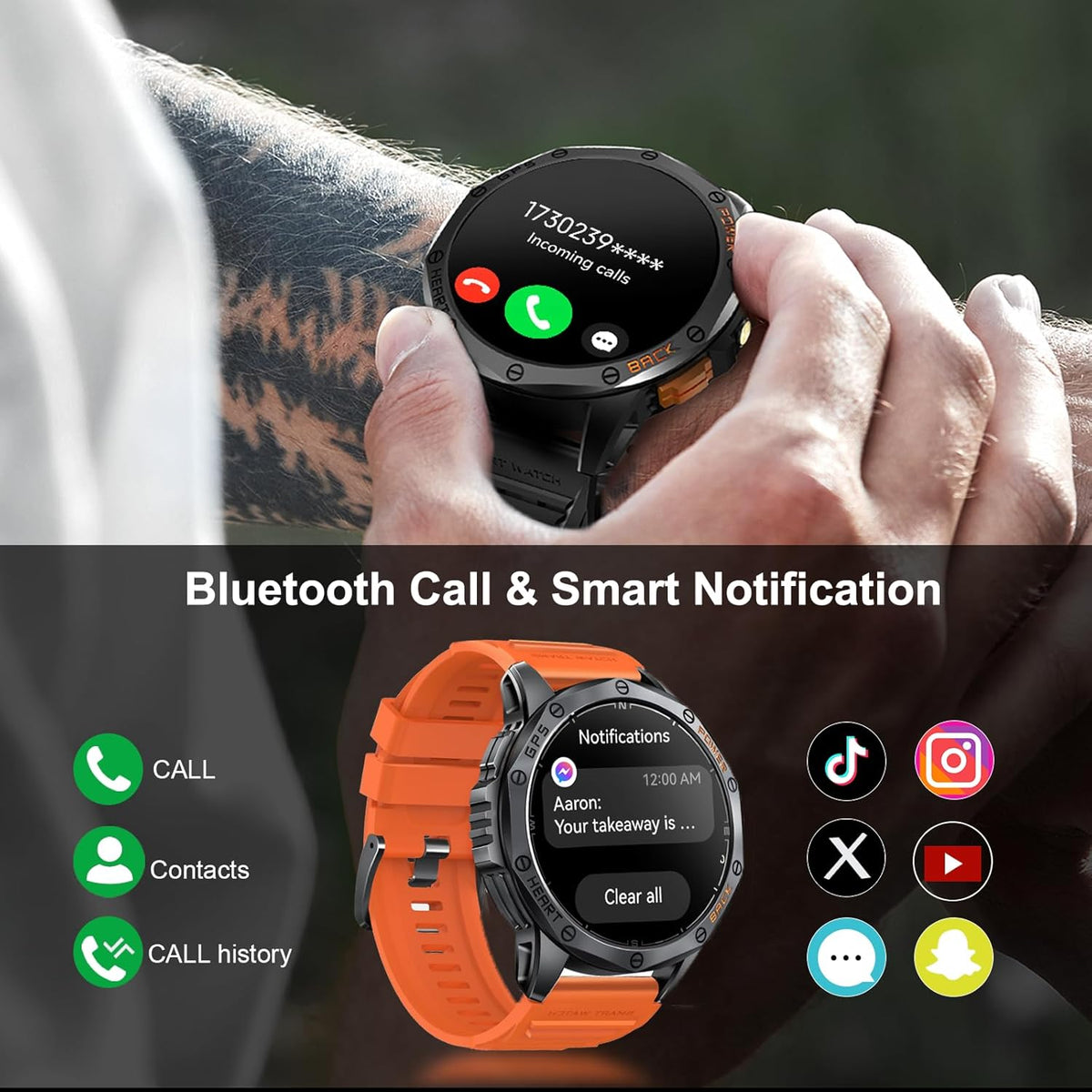 Relojes inteligentes militares con GPS integrado, más de 170 modos deportivos para hombres con linterna, reloj inteligente para teléfonos Android y iPhone, pantalla AMOLED de 1.43 pulgadas, llamadas