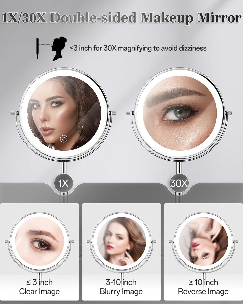 Espejo de maquillaje con aumento de 1X/30X 8" con luces de altura ajustable