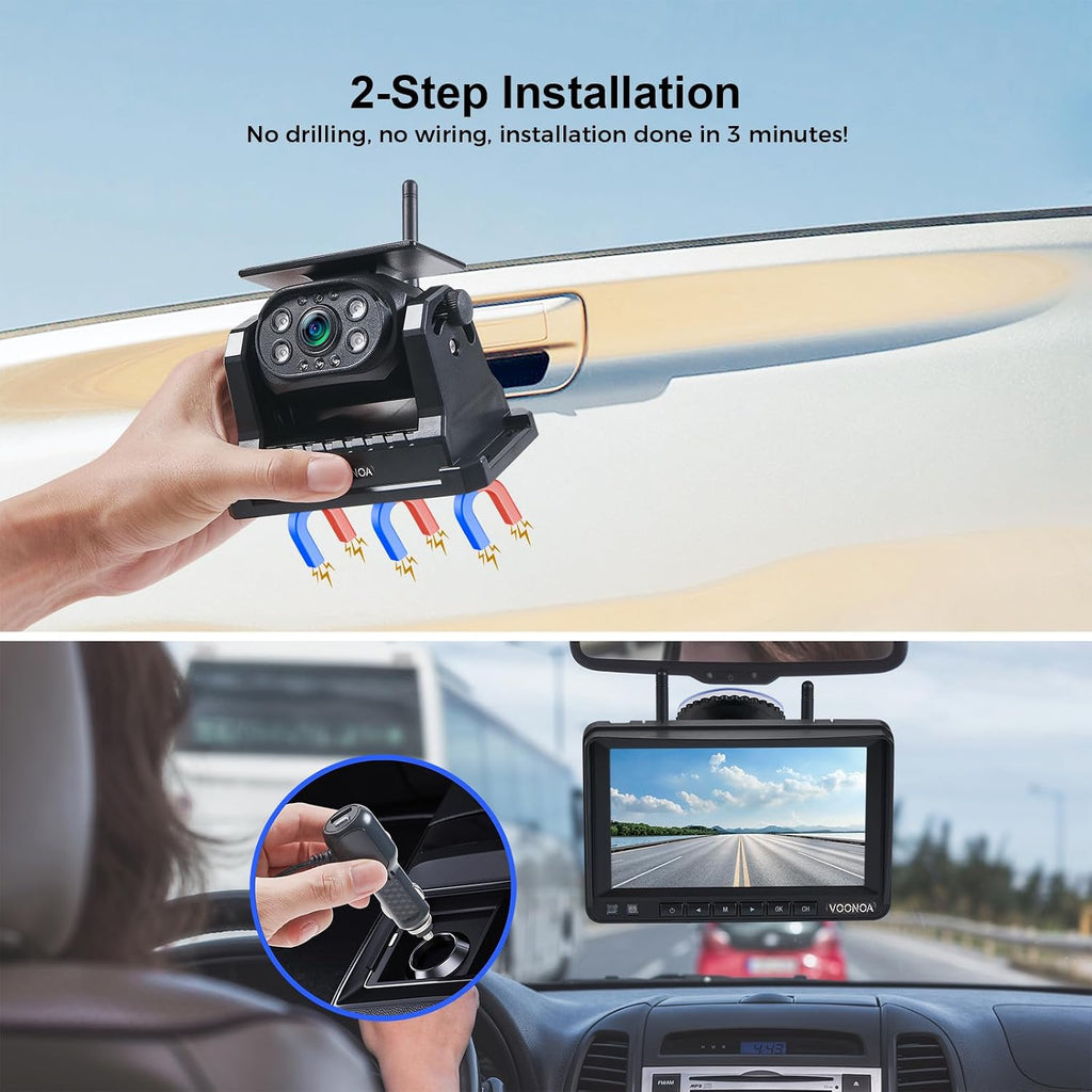 VOONOA 2 cámaras magnéticas inalámbricas de respaldo con sistema de monitor DVR HD 1080P de 7 pulgadas, 15000 mAh, recargable, impermeable, doble cámara solar inversa para enganche, remolque, coche, remolque, camión, caravana, VN007