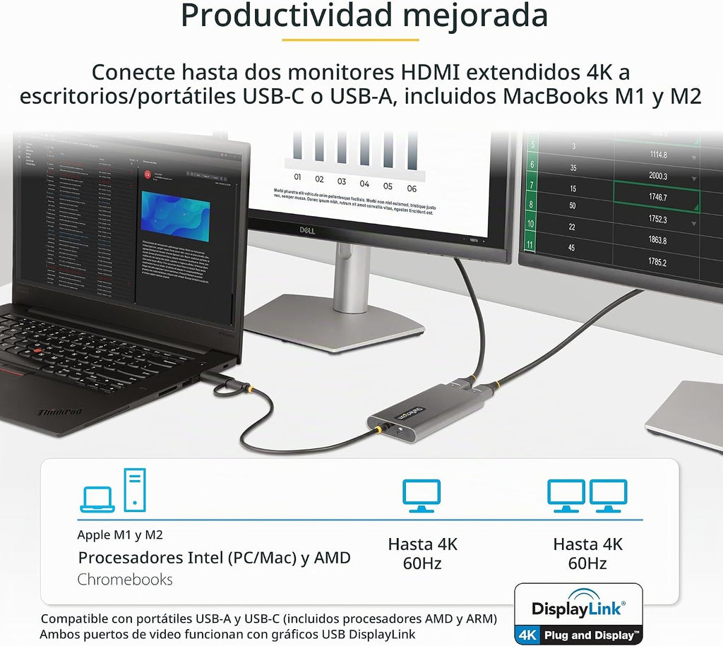 StarTech Adaptador USB-C y USB-A a HDMI dual, 2X 4K 60Hz, DisplayLink, TAA