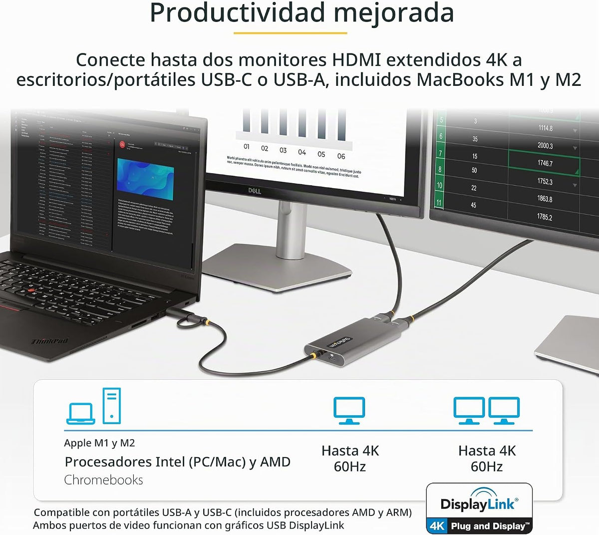 StarTech Adaptador USB-C y USB-A a HDMI dual, 2X 4K 60Hz, DisplayLink, TAA