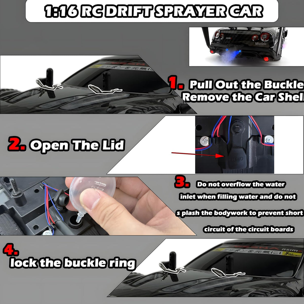 1:16 RC Drift Car 2.4GHz Spray 4WD Luces LED de Alta Velocidad de Control Remoto de 30+KM/H 2 Baterías 60Min Velocidad Variable Indefinidamente Juguetes de Coches de Deriva para Adultos y