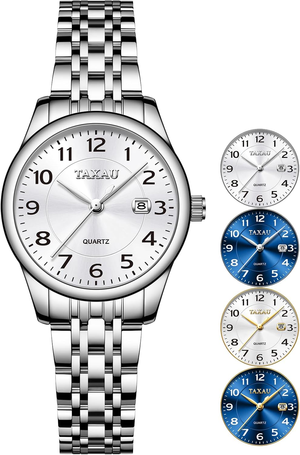 Reloj de Mujer Elegante Analógico a Cuarzo con Carga de Fecha, Números Arábigos Grandes, Impermeable, Dos Tonos, Acero Inoxidable, Pequeño, Reloj de Muñeca