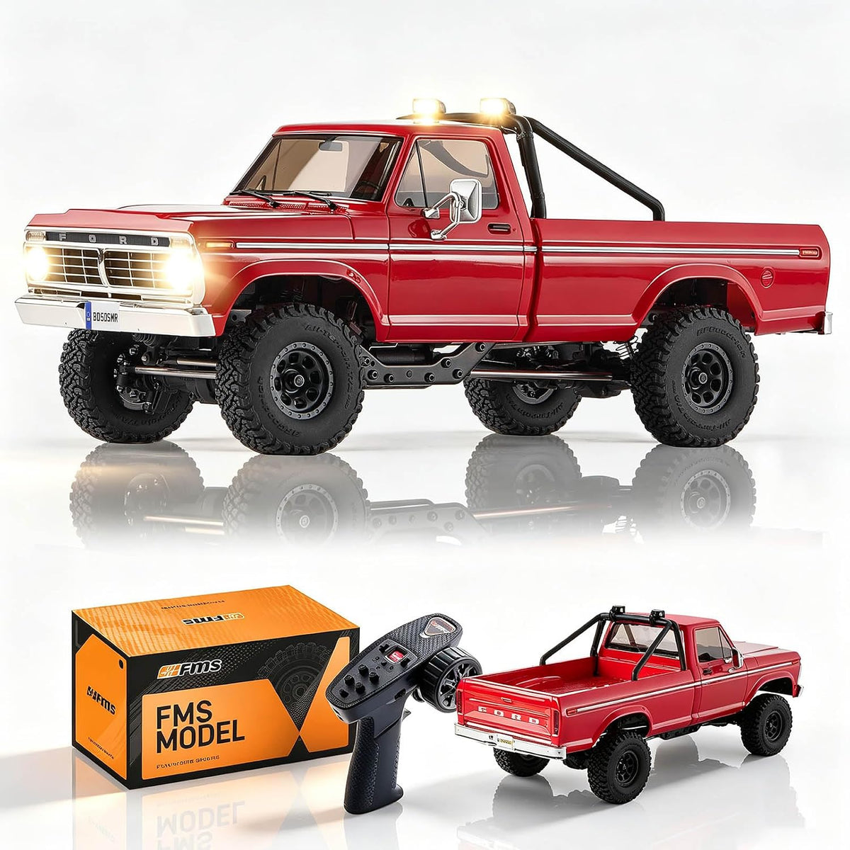 FMS FCX18 II Ford F-100 1/18 RC Crawler, RTR Camión RC Hobbygrade 4x4 Offroad Mini Rock Crawler con transmisión de 2 velocidades, engranajes de metal, luces LED para adultos y