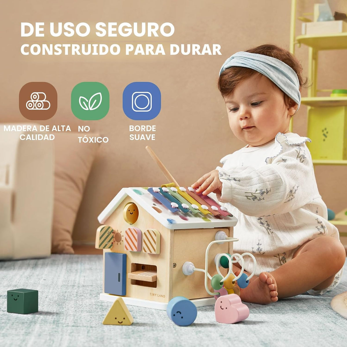 Tiny Land Cubo de actividades de madera 9 en 1, juguete educativo para