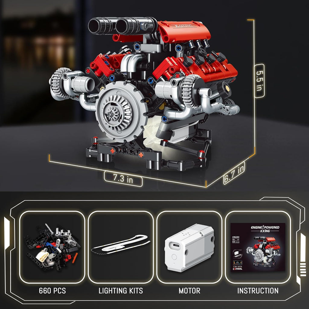 V8 Kit de modelo de motor que funciona – Juego de bloques de construcción de motor visibles de 8 cilindros con motor, luz LED y control de aplicación – Construye tu propio kit de ingeniería, proyecto STEM para adultos y niños (660 piezas)