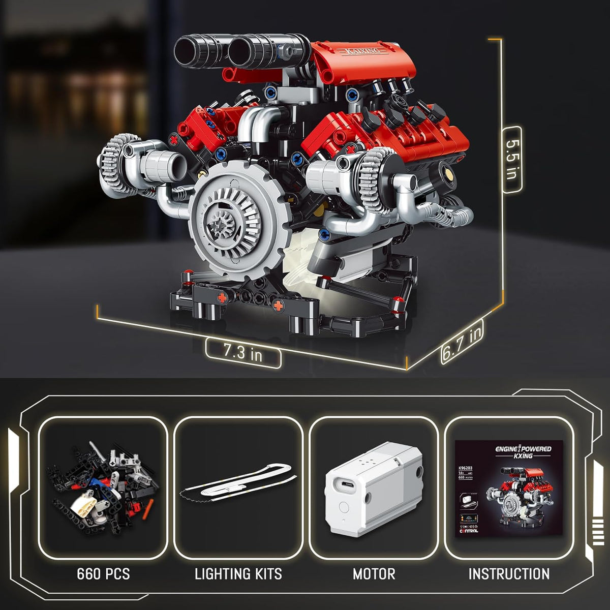 V8 Kit de modelo de motor que funciona – Juego de bloques de construcción de motor visibles de 8 cilindros con motor, luz LED y control de aplicación – Construye tu propio kit de ingeniería, proyecto STEM para adultos y niños (660 piezas)