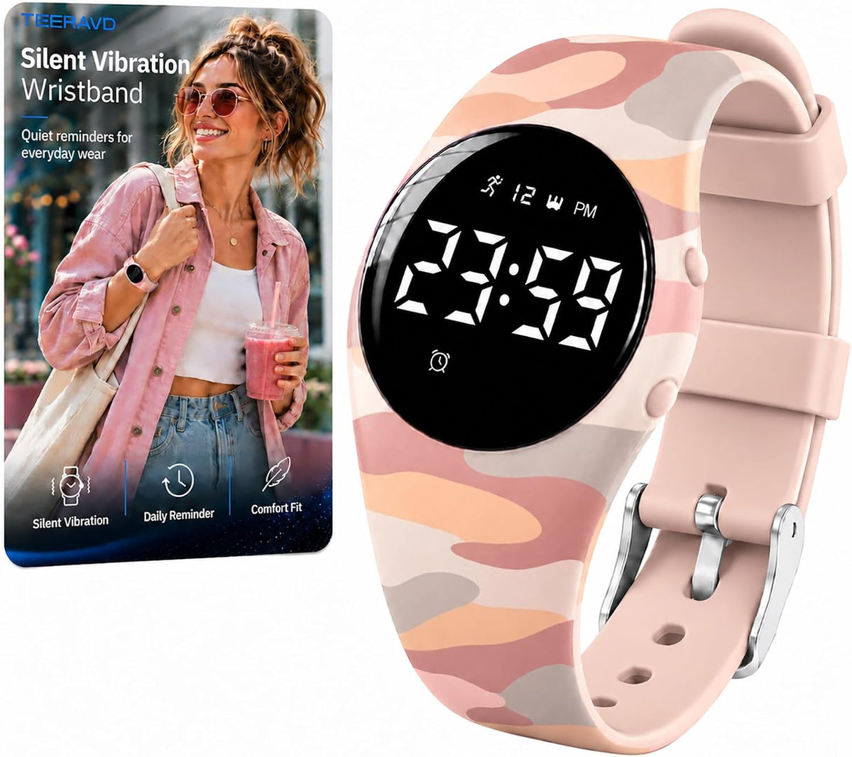 Reloj despertador para personas que duermen pesadas, pulsera vibratoria, reloj de despertador silencioso con rastreador de fitness, contador de pasos, cronómetro, cronómetro, resistente al