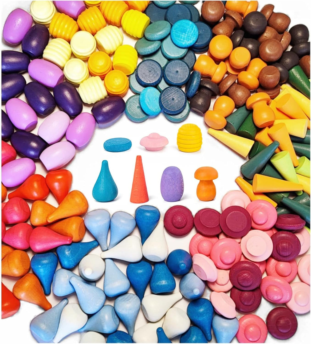 MIKNEKE 81 Piezas Sueltas de Madera Juguetes de Relleno para Contenedor Sensorial, Apilador de Mandala Arcoíris Juguetes de Extremos Abiertos, 27 Colores Juguetes Educativos de Entrenamiento Sensorial