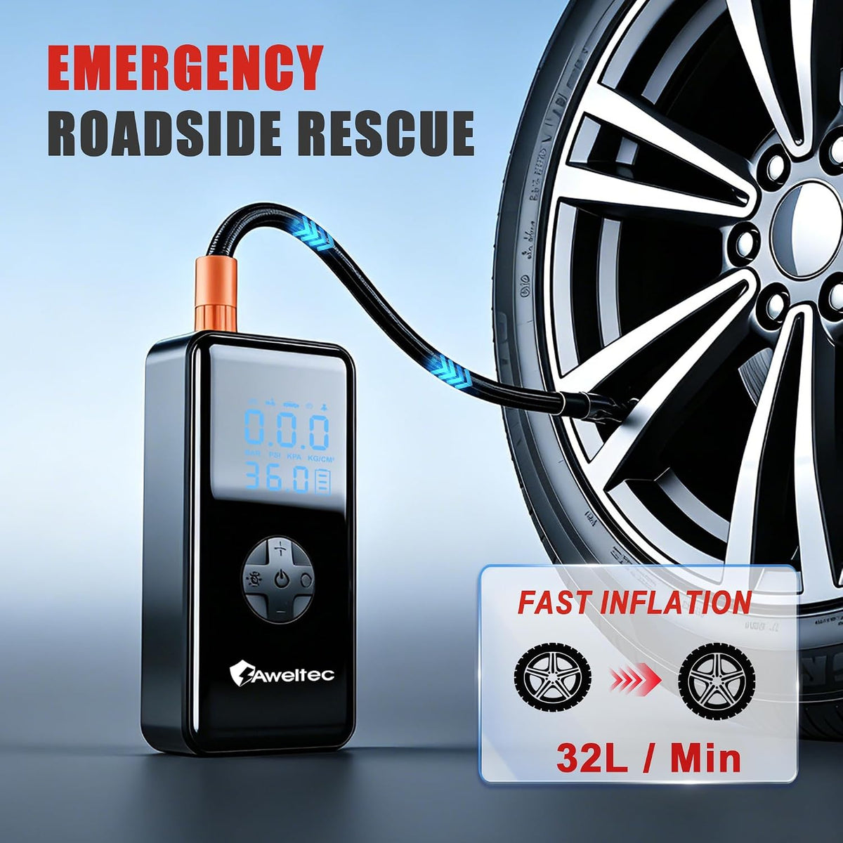 Inflador de neumáticos inalámbrico: compresor de aire portátil con pantalla digital, batería de 4500 mAh, 150 PSI máximo, inflado rápido de 32 L/min, luz LED 3 en 1 (SOS/Flash), carga USB-C