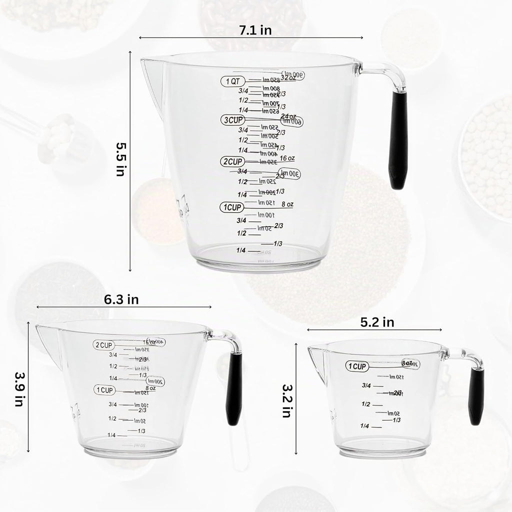 Dalup Juego de Tazas Medidoras – Tazas Medidoras de Plástico Transparente para Líquidos (8/16/32 oz) con Busque y Asa Antideslizante | Juego de 3 Tazas Medidoras de Plástico para Líquidos y Ingredientes Secos