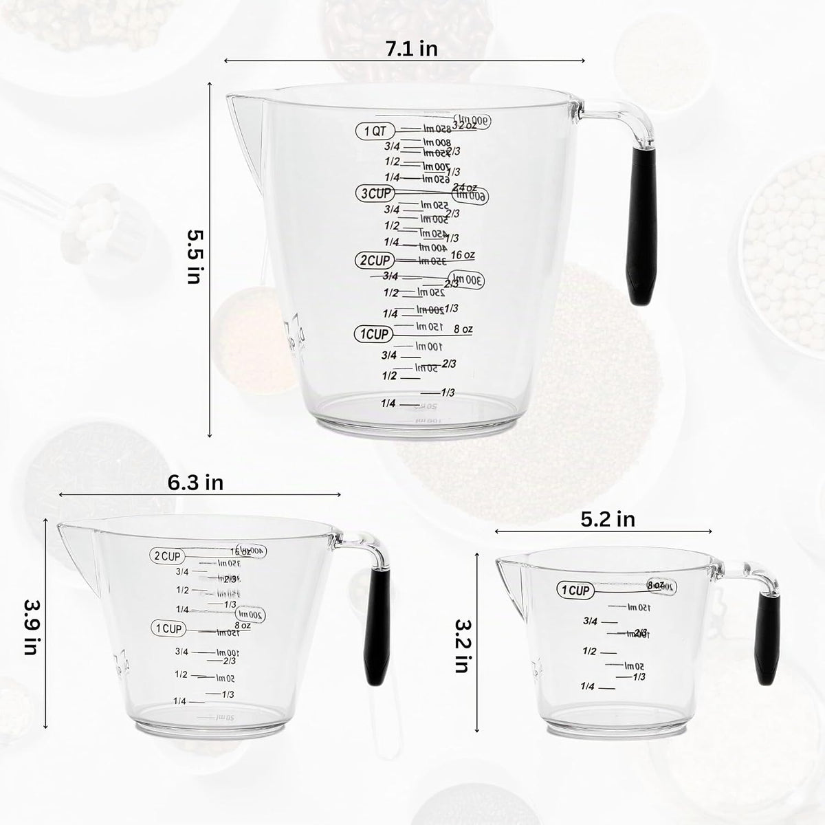 Dalup Juego de Tazas Medidoras – Tazas Medidoras de Plástico Transparente para Líquidos (8/16/32 oz) con Busque y Asa Antideslizante | Juego de 3 Tazas Medidoras de Plástico para Líquidos y Ingredientes Secos