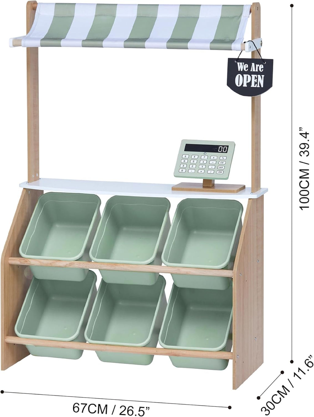 Teamson Kids Little Helper - Puesto de madera del mercado de granjeros con caja registradora de juguete y 6 contenedores de almacenamiento de plástico, verde, TD-13638A-AMZ