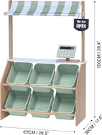 Teamson Kids Little Helper - Puesto de madera del mercado de granjeros con caja registradora de juguete y 6 contenedores de almacenamiento de plástico, verde, TD-13638A-AMZ