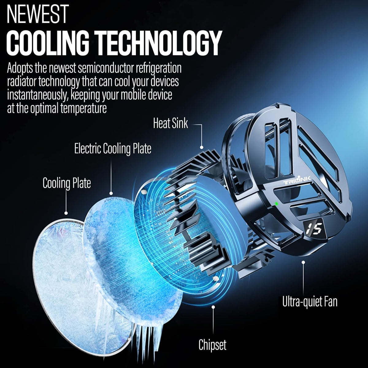 TRILINK Enfriador magnético para teléfono con carga inalámbrica, ventilador de refrigeración de teléfono para iPhone/Android/iPad/Tablet - Radiador de teléfono para juegos, compatible con iPhone 12/13 MagSafe -LED RGB - Abrazadera universal