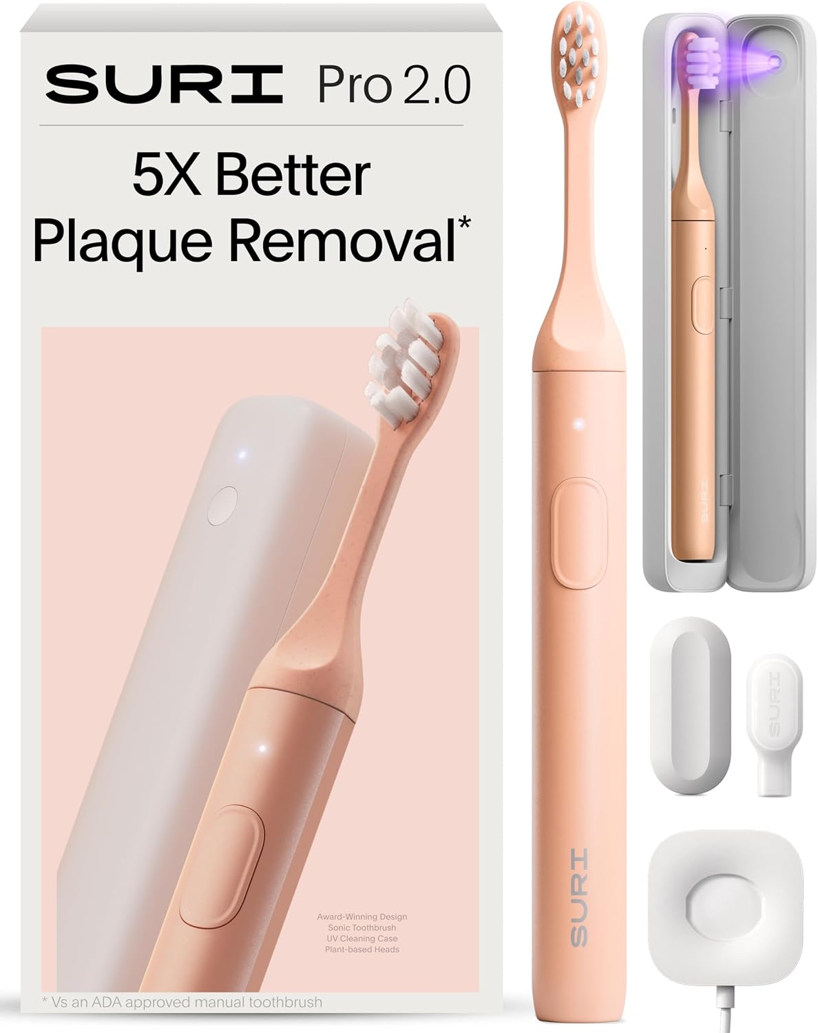 SURI Pro Sonic Cepillo de dientes eléctrico | Batería de más de 4 semanas | Estuche de viaje de limpieza UV | Sensor de presión | Cuerpo de aluminio | Temporizador de 2 minutos | Cabeza a base de