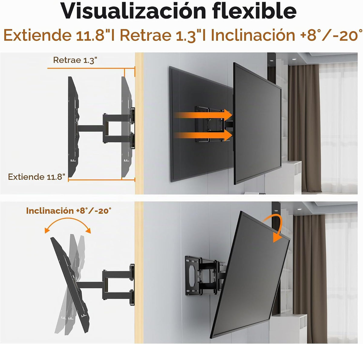 Montura de pared para TV de movimiento completo ultra delgada para la mayoría de televisores planos/curvos de 37"-90", soporte giratorio con inclinación con 6 brazos articulados, soporta 54.4