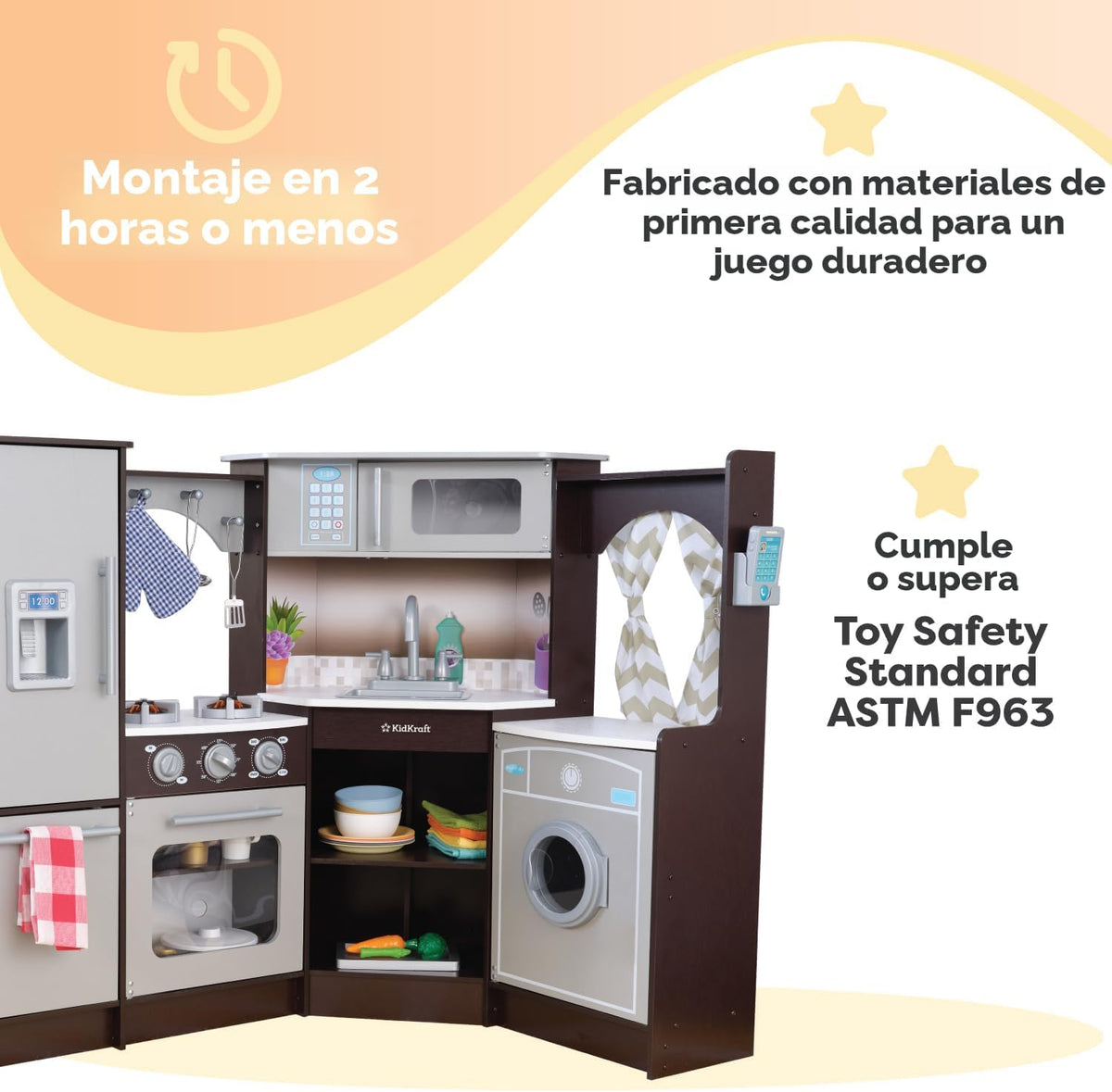 KidKraft Ultimate - Cocina de esquina de madera con luces y sonidos, teléfono de juego y cortinas, Espresso, regalo para niños de 3 años en adelante