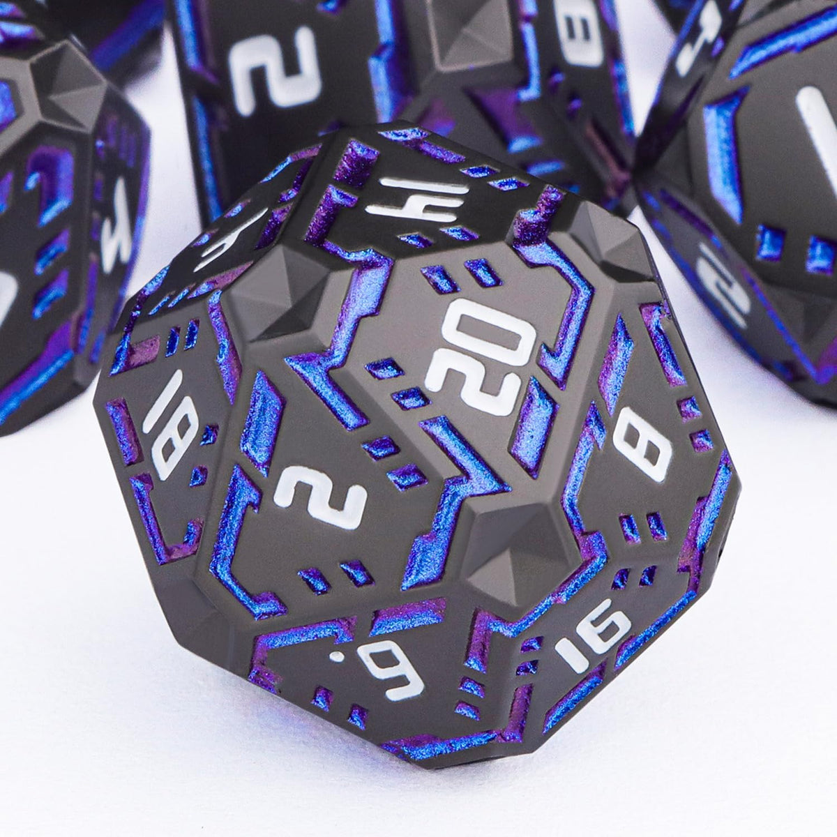 Juego de dados de ciencia ficción DND de metal, 7 dados poliédricos luminosos a rayas naranjas para Dungeons Dragons RPG, dados D y D con purpurina con caja de regalo D6 D8 D10 D12 D20