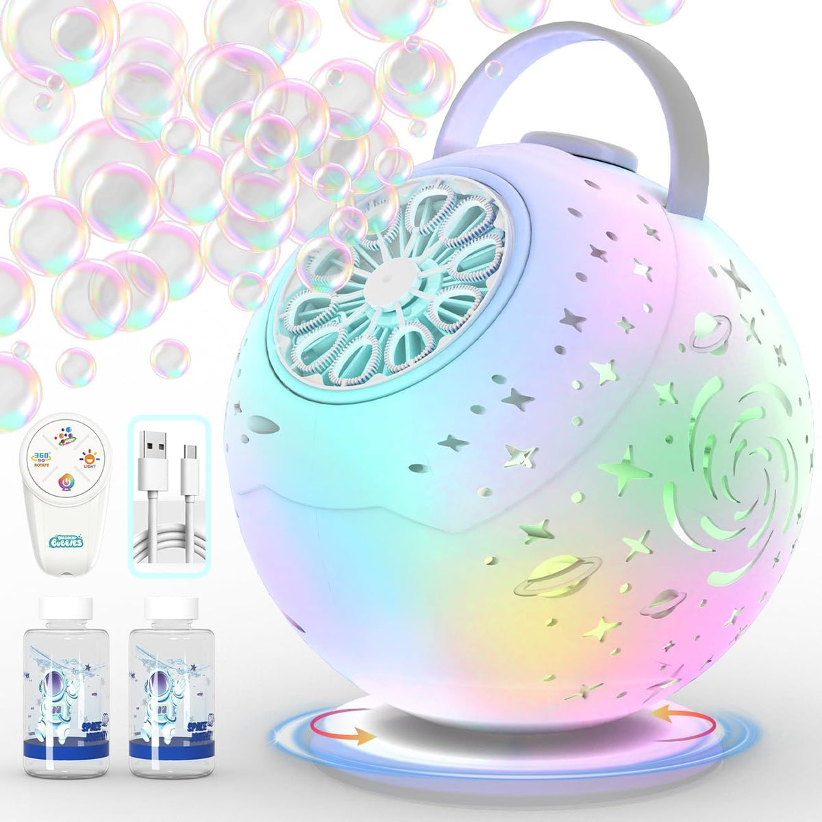 Máquina de burbujas recargable para niños con rotación de 90° 360°, control remoto (20-40M)