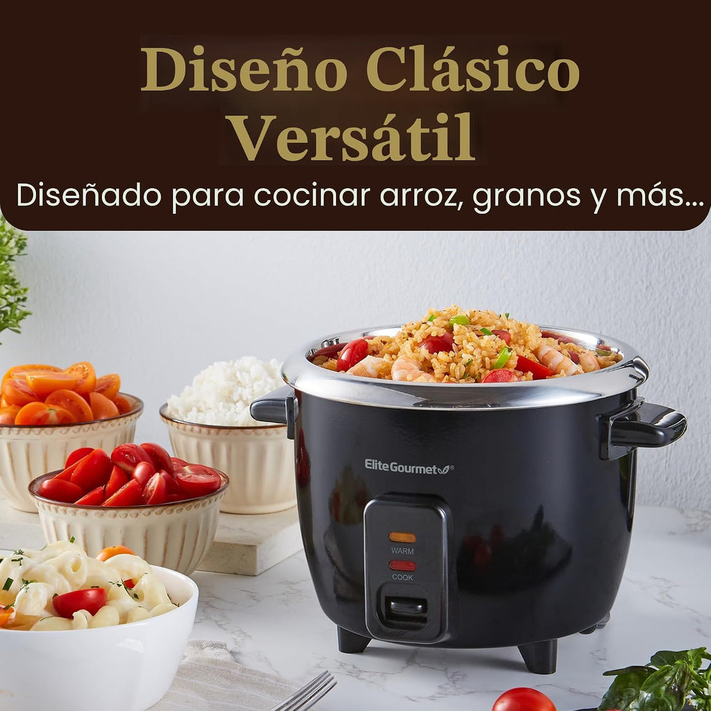 Elite Gourmet ERC006SS - Arrocera eléctrica de 6 tazas con olla interior de acero inoxidable, hace sopas, guisos, papillas, granos y cereales, 6 tazas (3 tazas crudas), color negro