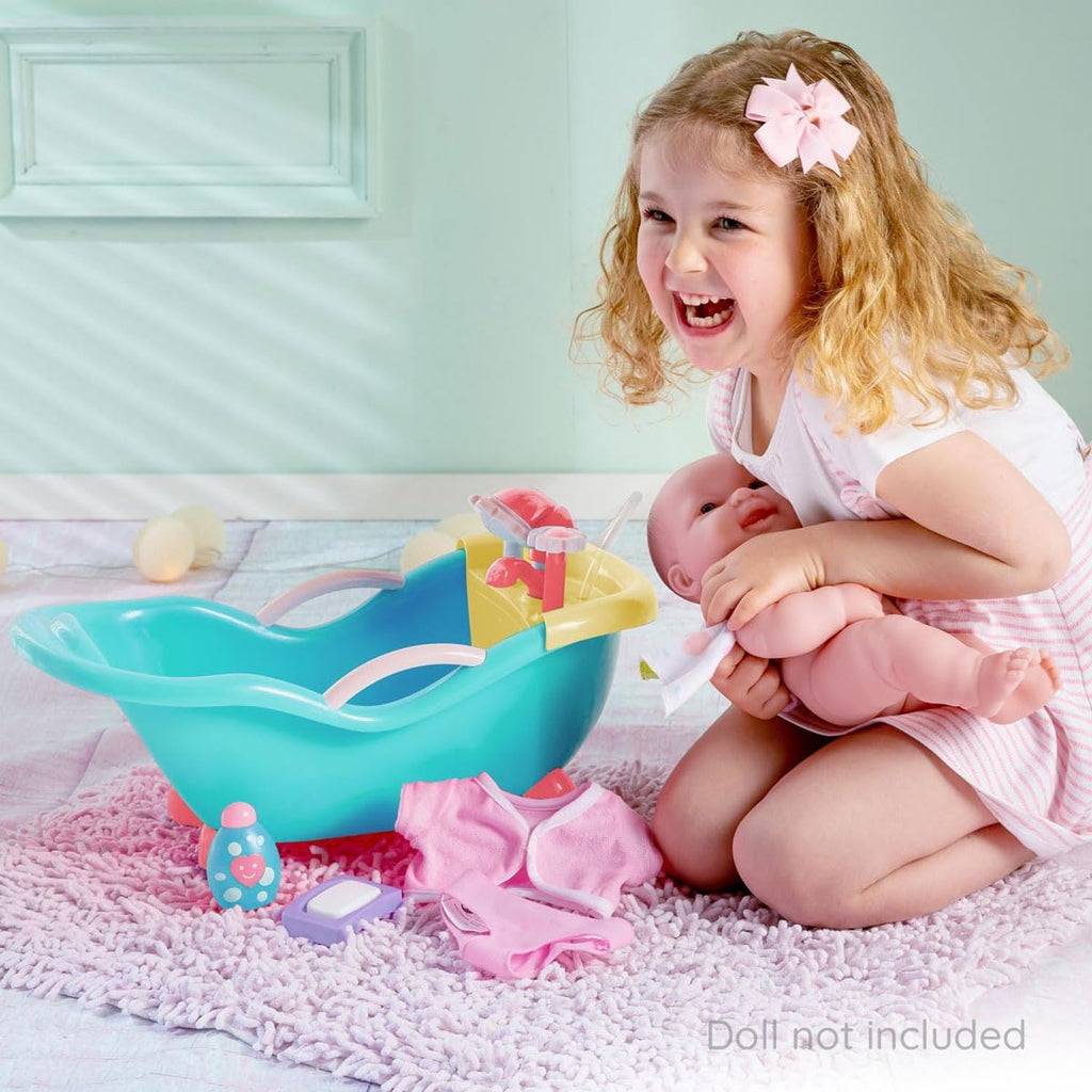 JC Toys - Cuna mecedora y accesorios para muñeca, perfectos para pequeños, Juego de baño azul/rosa