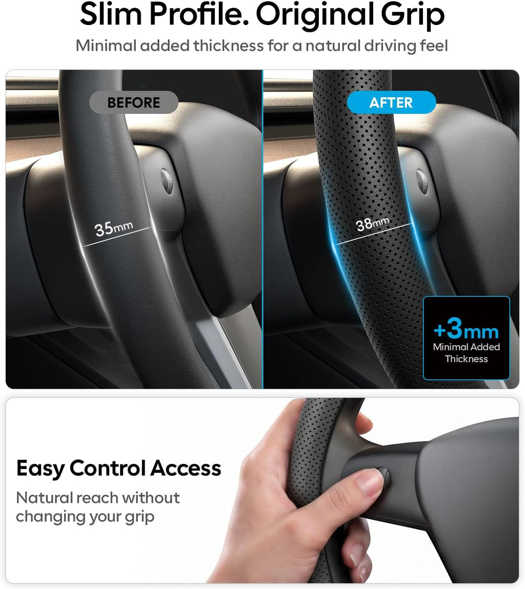 Wigoo Funda de volante para accesorios de modelos 20-24 Y/ 17-23 Model 3, redonda para Tesla Model Y 20-24 y Model 3 17-23 de piel de napa premium con piel de fibra de carbono para agarre