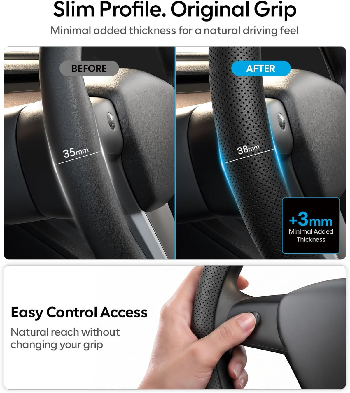 Wigoo Funda de volante para accesorios de modelos 20-24 Y/ 17-23 Model 3, redonda para Tesla Model Y 20-24 y Model 3 17-23 de piel de napa premium con piel de fibra de carbono para agarre