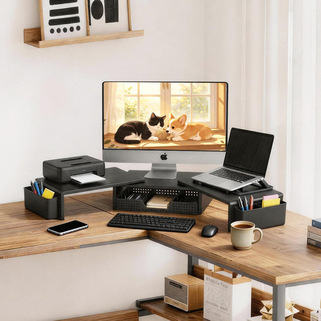 Soporte elevador para monitor doble con cajón y 2 soportes para