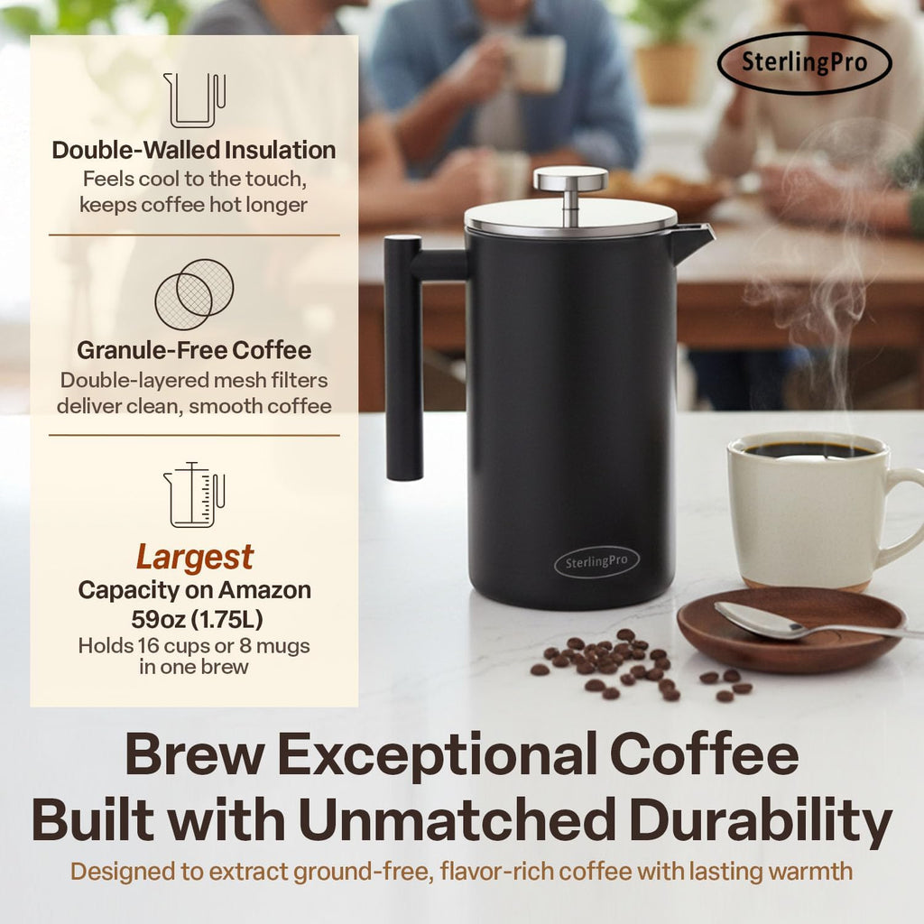 SterlingPro - Cafetera de prensa francesa de acero inoxidable extra grande con aislamiento no tóxico de 64 onzas, capacidad de 1/2 galón/2 litros (rendimiento de preparación de 59 onzas)