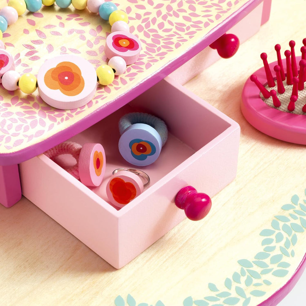 DJECO, Tocador de madera para niñas, tocador de juego de simulación floral