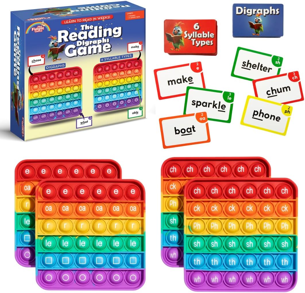 THE FIDGET GAME Science of Reading - Tarjetas didácticas y alfombrillas de estallido, dígrafos maestros y sílabas, kit educativo atractivo para dislexia y lectores jóvenes, grados 1-3