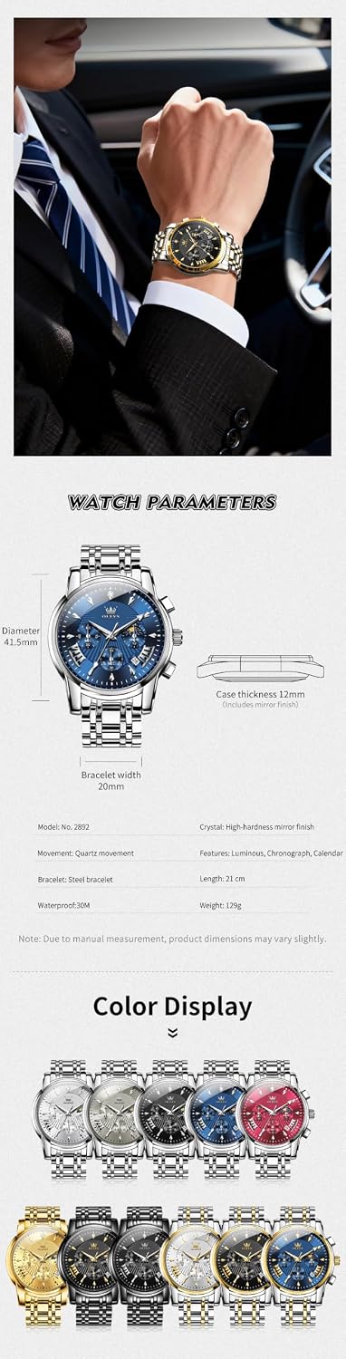 OLEVS Relojes para Hombres de Negocios de Acero Inoxidable, a Prueba de Agua, Estilo Casual Formal