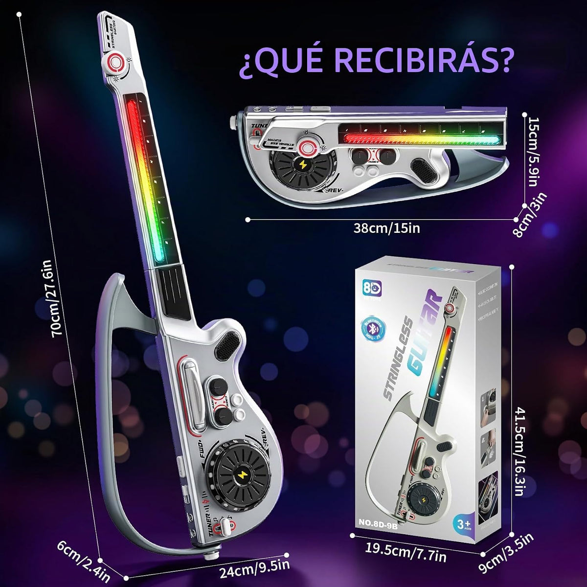 Guitarra eléctrica multifuncional de 27.6 pulgadas para niños, instrumento musical recargable 4 en 1 con luz LED, Bluetooth, mezclador de DJ, negro