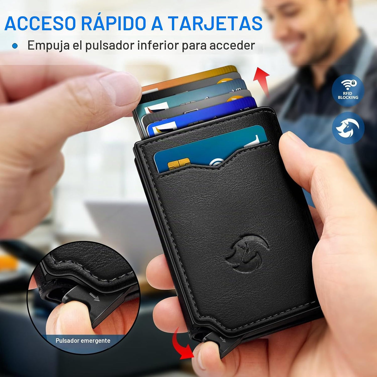 Cartera para hombre, tarjetero desplegable delgado con bloqueo RFID, billetera triple minimalista con 10 ranuras para tarjetas, bolsillo para efectivo y 2 ventanas para identificación, funda