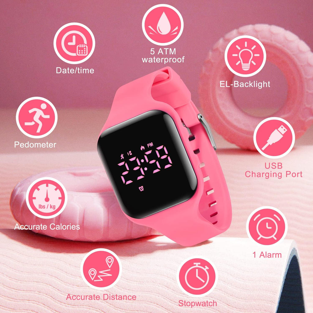Relojes para niños y niñas, reloj deportivo digital con contador de pasos, podómetro, alarma de vibración, sin aplicación, impermeable, rastreador de fitness, reloj para niños, niñas, adolescentes