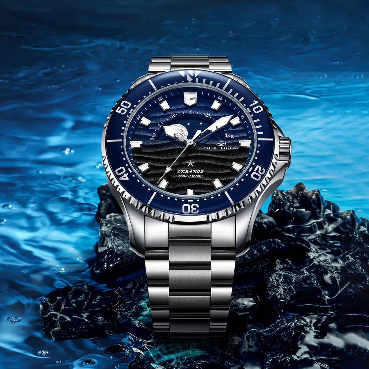 SEA-GULL Reloj divisorio 300M impermeable automático reloj de pulsera mecánico fase lunar luminiscente hombres relojes 816.32.1215