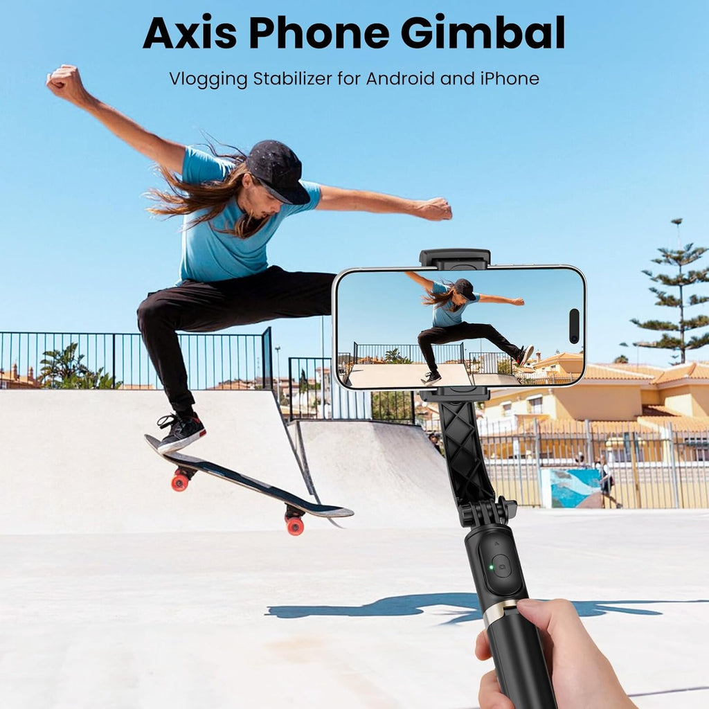 Estabilizador de cardán para smartphone, cardán de mano de equilibrio automático de 1 eje, trípode extensible giratorio de 360°, control remoto inalámbrico para iPhone, Android, viajes