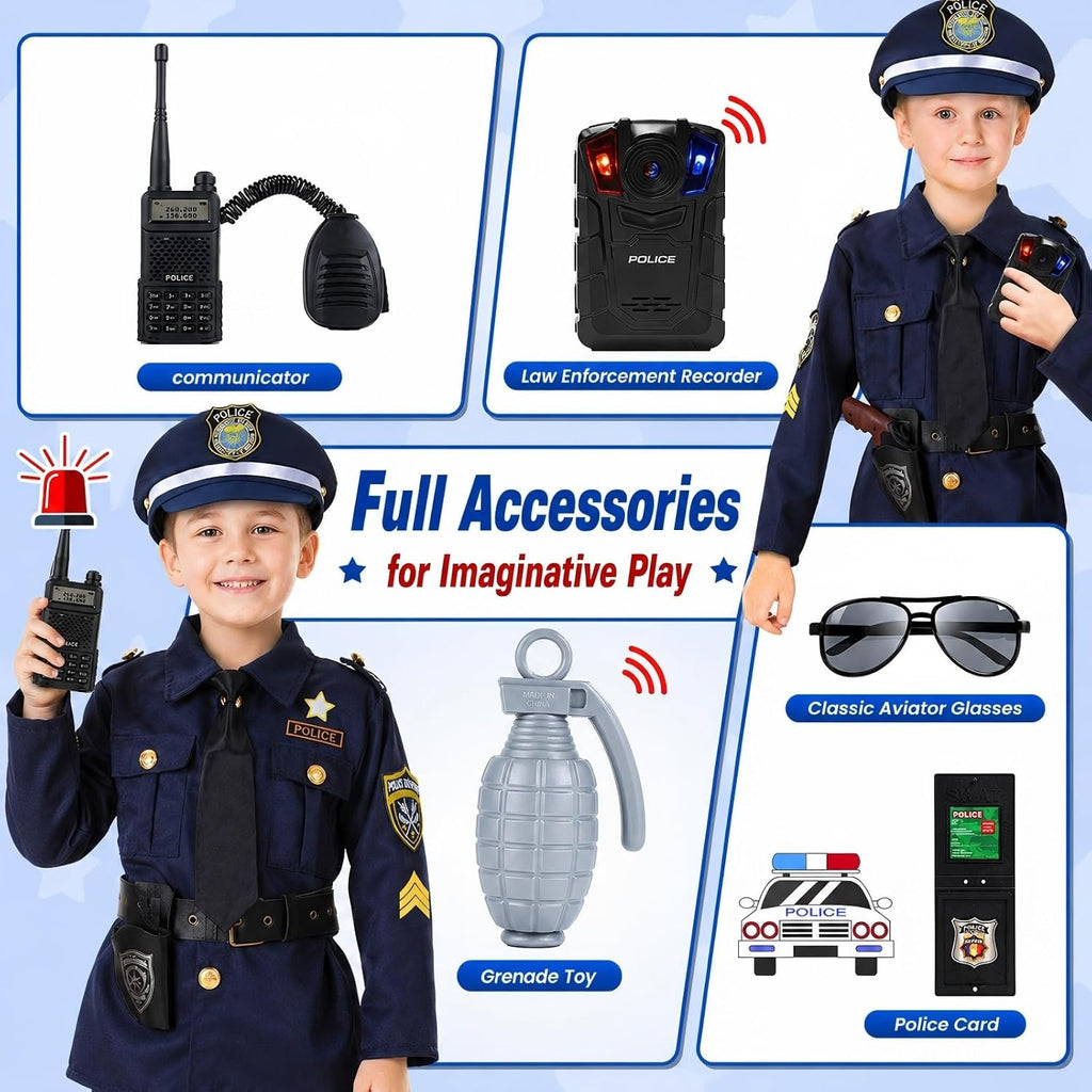 Skirfy Kit de Disfraz de Policía de 16 Piezas para Niños, Disfraz de Oficial de Policía para Niños, Kit de Rol de Disfraz de Policía para Niños, Disfraz de Halloween para Niños