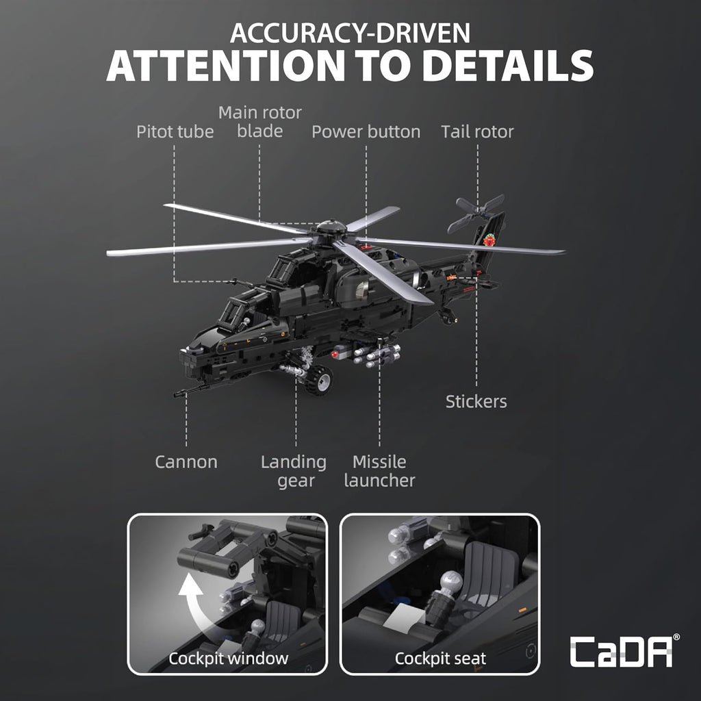 CADA Z-10 Kit de construcción de helicóptero motorizado – 989 piezas con batería recargable, motores duales, controlador de 2.4 GHz – Juego de helicóptero de ladrillo RC compatible con las principales