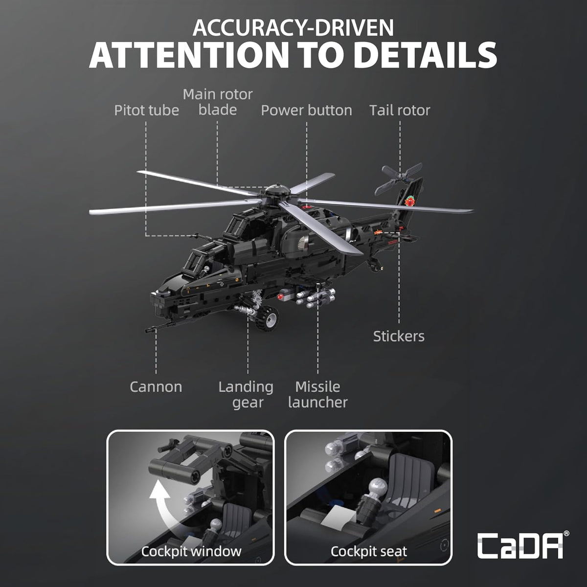 CADA Z-10 Kit de construcción de helicóptero motorizado – 989 piezas con batería recargable, motores duales, controlador de 2.4 GHz – Juego de helicóptero de ladrillo RC compatible con las principales