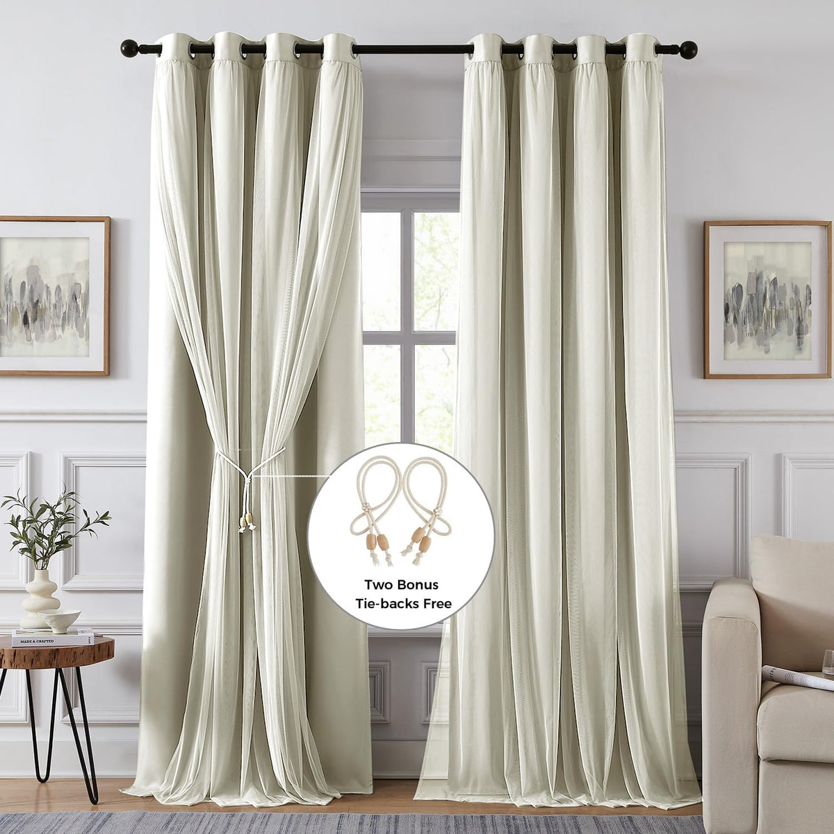 Cortinas 100% opacas para dormitorio, doble capa, color marfil