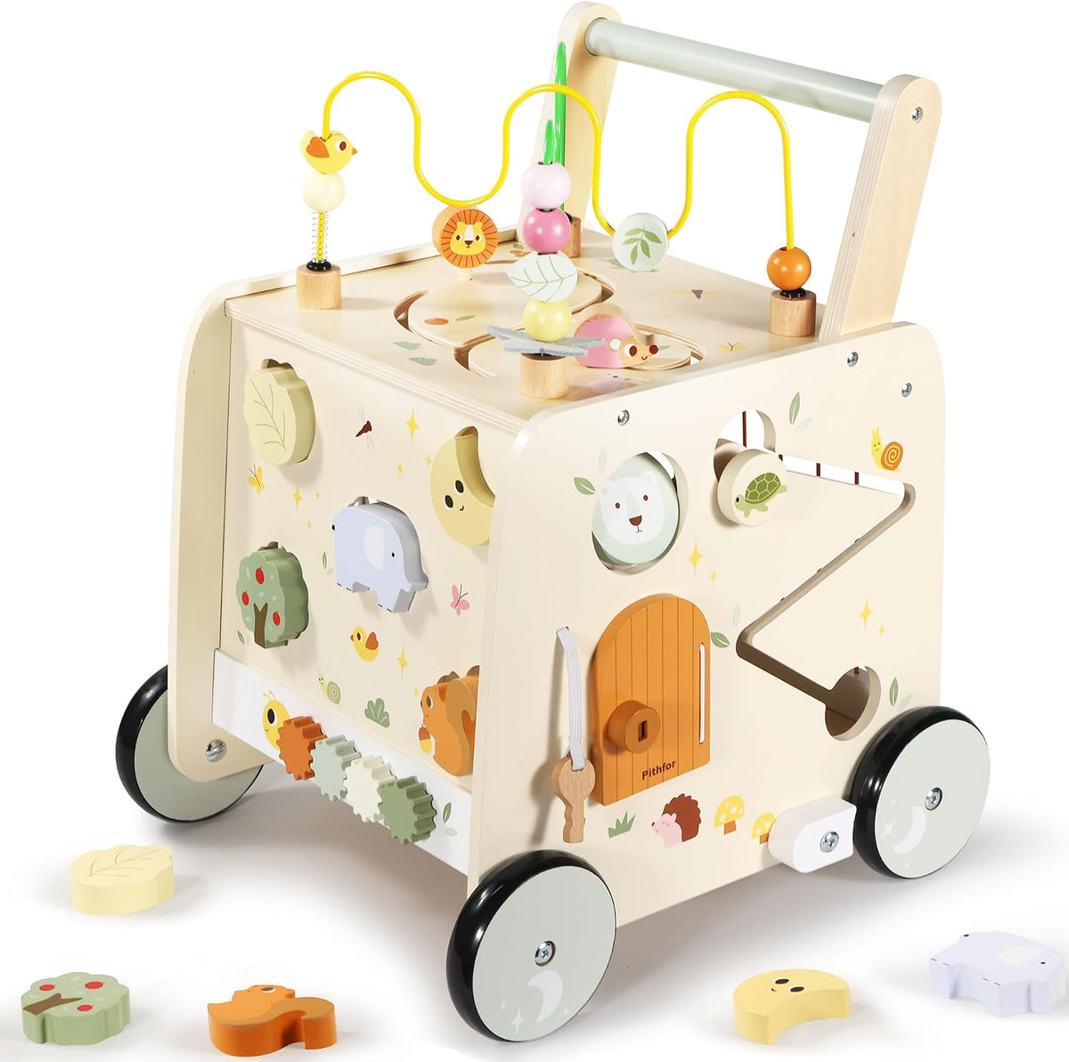 Andador de Actividad de Madera con Cubo, Andador de Madera para Bebés, Juguetes de Empuje Montessori para Bebés que Aprenden a Caminar y a Sentarse y Pararse
