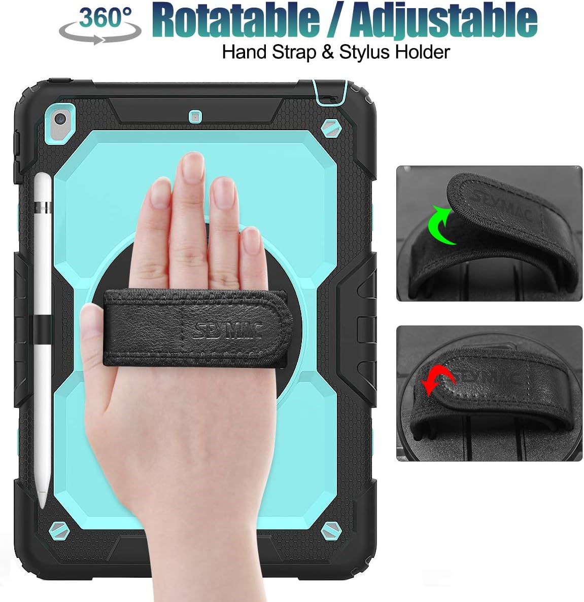SEYMAC stock Funda para iPad de 9ª, 8ª, 7ª generación de 10.2 pulgadas, a prueba de golpes, con protector de pantalla, portalápices [correa de mano giratoria de 360°] y soporte, para iPad de 10.2