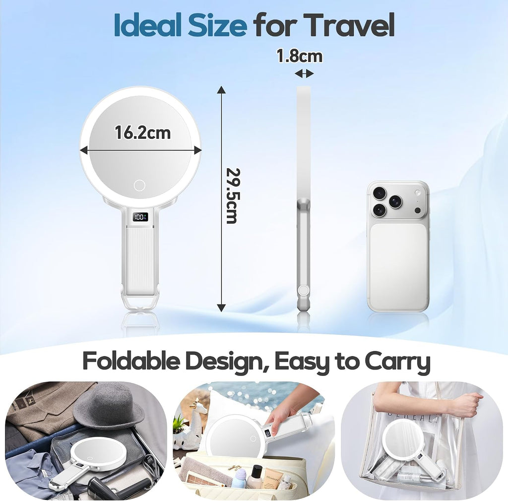 Espejo de aumento de viaje 30X con luz, espejo de tocador de altura ajustable con soporte para teléfono, espejo de maquillaje portátil compacto de mano con pantalla inteligente para viajes, uso diario