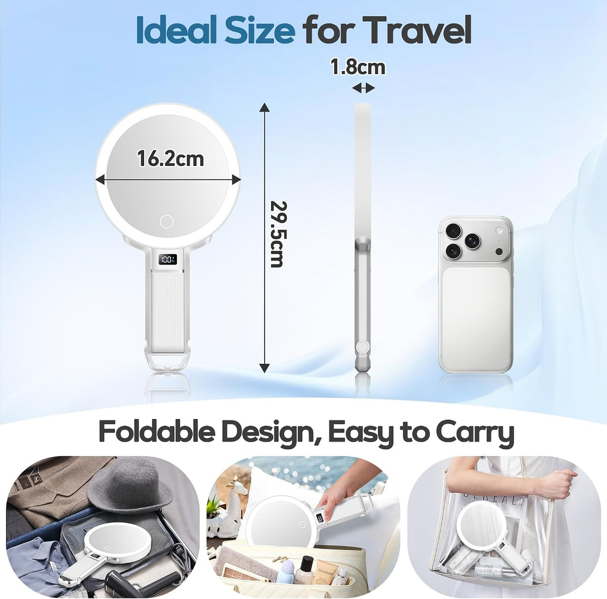 Espejo de aumento de viaje 30X con luz, espejo de tocador de altura ajustable con soporte para teléfono, espejo de maquillaje portátil compacto de mano con pantalla inteligente para viajes, uso diario
