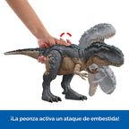 Mattel Jurassic World Figura de acción de rastreadores gigantes, juguete de dinosaurio Mapusaurus con ataque de rabieta de mordida mega, espinas traseras de evolución y juego digital