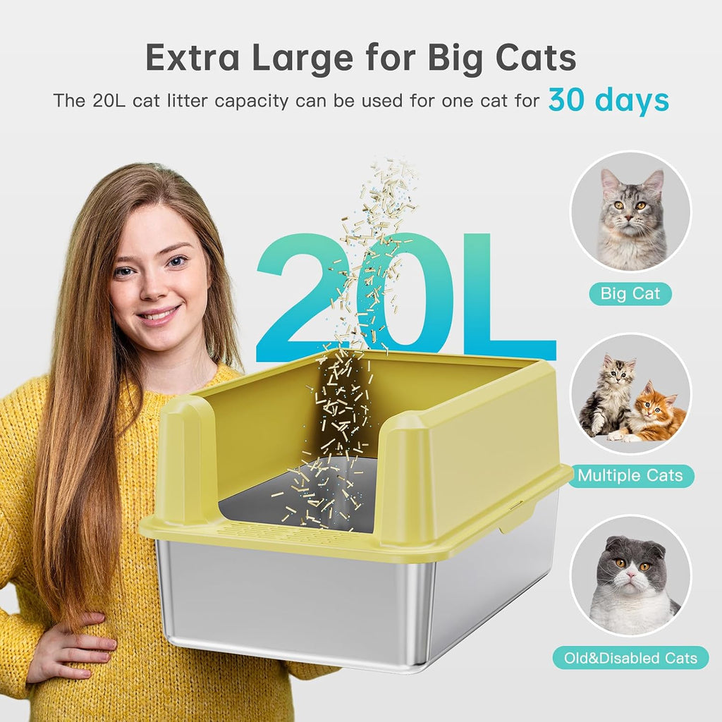 Caja de arena de acero inoxidable con lado alto, caja de arena extragrande XXL para gatos grandes y múltiples gatos, antiadherente, sin fugas de orina, bandeja de arena para gatos fácil de limpiar