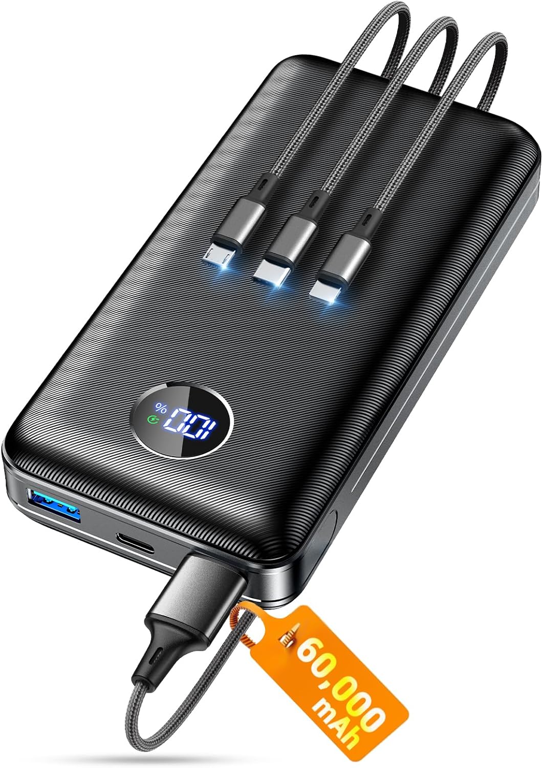 Cargador Portátil Banco de Energía, Paquete de Batería de 60000mAh con Cable, Ébano