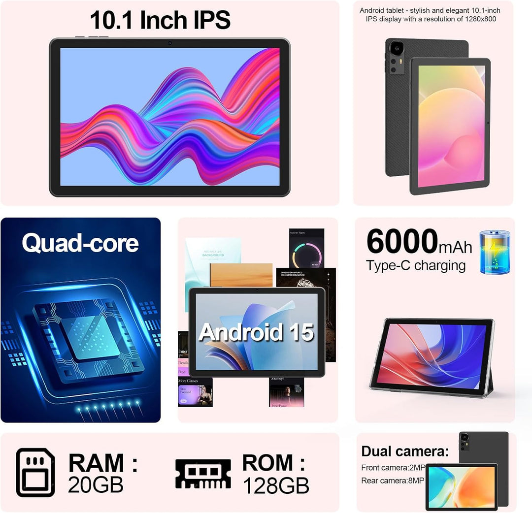 ICONLINK Tableta de 10 pulgadas Android 15 Tablets con estuche 20GB...